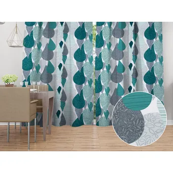 ubrus Bavlněný závěs Sandra SA-444 Šedo-petrolejové kapky s ornamenty 150x170 cm