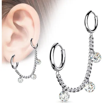 Náušnice Dvojitá náušnice kroužky spojené řetízkem se zirkony