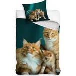 Dětské povlečení KOČIČÍ RODINKA, fototisk, smaragdově zelené, bavlna hladká, 140x200cm + 70x90cm
