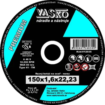 Řezný kotouč Řezný kotouč na kov a nerez 150 x 1,6 x 22,2 PREMIUM