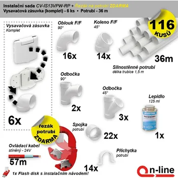 Vysavač Instalační komplet centrálního vysávání - zásuvka (6 ks), řezák potrubí(1 ks), potrubí (36 m), potrubní díly (116 dílů). (Cenově zvýhodněný instalační balíček potrubních rozvodů centrálního vysávání obsahuje: Vysavačová zásuvka (6 ks), řezák potrubí(1 ks)