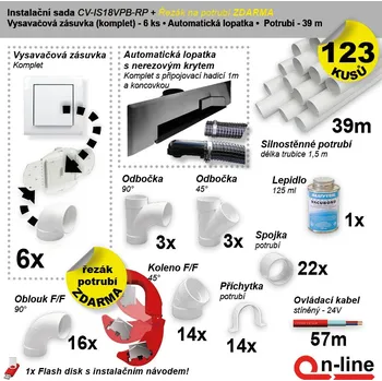 Vysavač Instalační komplet centrálního vysávání - ASKO zásuvka (6 ks), nerez. podlahová štěrbina (1 ks), podlahová štěrbina (1 ks), řezák potrubí(1 ks), potrubí (39 m), potrubní díly (123 dílů). (Cenově zvýhodněný instalační balíček potrubních rozvodů centrálního