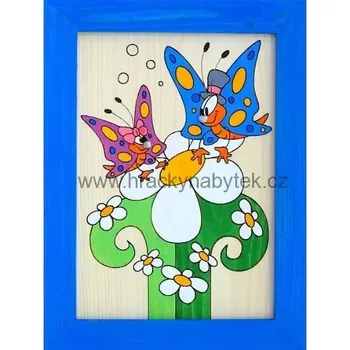 Dekorace do dětského pokoje Ručně malovaný dřevěný obrázek Louka a motýl 25 x 33 cm