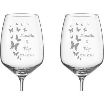 Sklenice Svatební skleničky na víno Motýly, 2 ks (Do poznámky v nákupním košíku napište jména novomanželů a datum svatby)