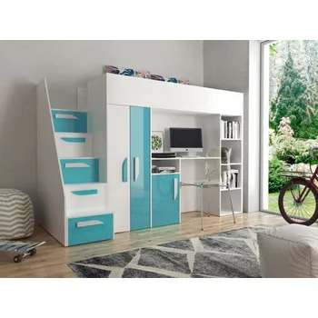 Postel Patrová postel se schody Pen 14, Barva: Bílá + Tyrkys lesk + Bílý lesk MIRJAN 5902928921380