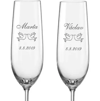 Sklenice Svatební skleničky na sekt Holubice, 2 ks (Do poznámky v nákupním košíku napište jména novomanželů a datum svatby)