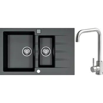 Granitový dřez Alveus Set Cadit 70 Granitový dřez s vaničkou a odkapem 790x500 mm + baterie Angel, černá, SETA22074