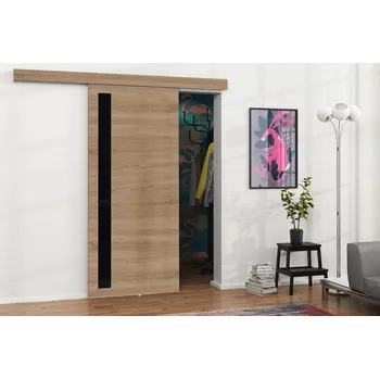 Interiérové dveře Posuvné dveře Mereno V 100, Barva: dub sonoma + dub sonoma + černý lacobel MIRJAN 5903211099052