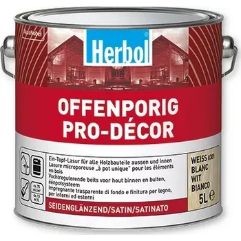 Lak na dřevo 2,5 l Herbol Offenporig Pro-Décor - lazura, bílá (Lazurovací lak na dřevo s UV filtrem pro vnitřní i vnější použití)