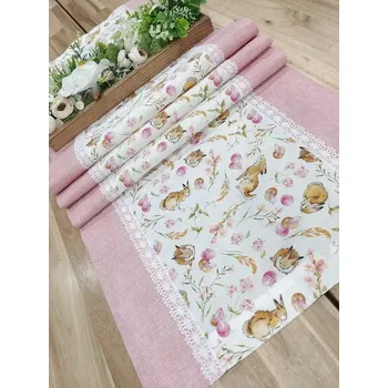 ubrus Běhoun velikonoční - kraslice a zajíčci v kombinaci s růžovou