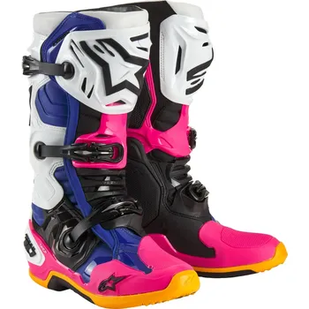 Moto obuv Boty TECH 10 limitovaná edice COAST, ALPINESTARS (bílá/tmavě modrá/růžová/žlutá fluo/oranžová/černá) 2024 (Velikost: 47)