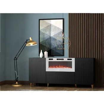 Nábytek Komoda s krbem 180 Sinenko, Barva: černý / černý + zlatý, Krb: bílý MIRJAN 5903211319778