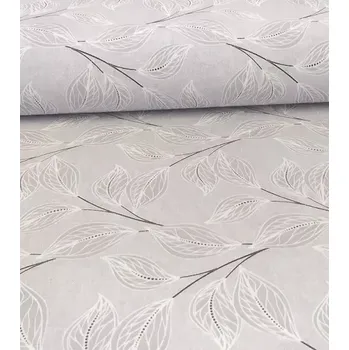 Loneta dekorační látka listy na šedé | RTex