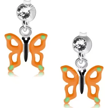 Náušnice Puzetové náušnice, stříbro 925, motýl s oranžovými křídly, výřezy, krystal