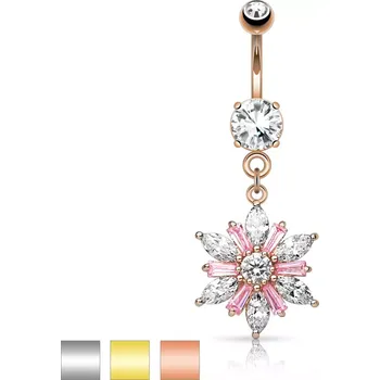 Piercing Piercing do pupíku z chirurgické oceli - třpytivý květ, čiré a růžové zirkony, různé barvy - Barva piercing: Zlatá