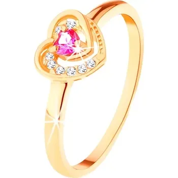 Prsten Zlatý prsten 585 - růžové zirkonové srdíčko ve dvojitém obrysu - Velikost: 63