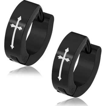 Náušnice Kruhové černé náušnice z oceli 316L, kříž bílé barvy, kloubové zapínání