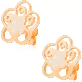 Náušnice Puzetové náušnice z oceli zlaté barvy, vyřezávaný květ s perletí