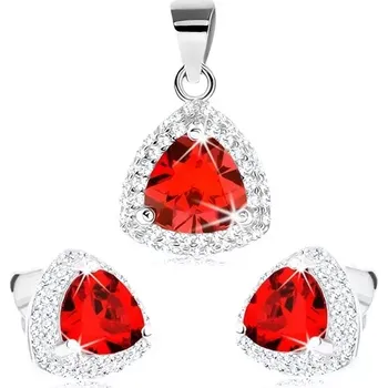 Souprava šperků Set ze stříbra 925, náušnice a přívěsek, červený zirkonový trojúhelník, čirý lem