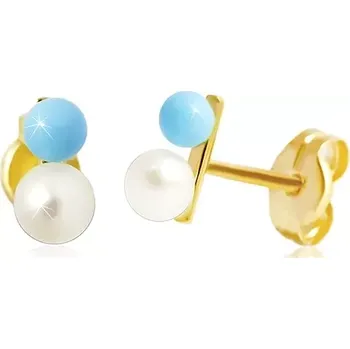 Náušnice Puzetové náušnice ve žlutém 14K zlatě - světle modrá a bílá kulička