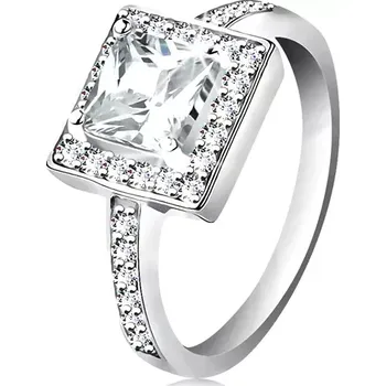 Prsten Prsten ze stříbra 925, čirý zirkonový čtverec, blýskavá obruba, zdobená ramena - Velikost: 54