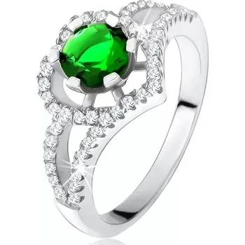 Prsten Prsten s rozdvojenými rameny, zelený zirkon, obrys srdce, stříbro 925 - Velikost: 58