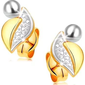 Náušnice Zlaté 14K náušnice - dvoubarevný list s hladkou a gravírovanou částí, bílá perla