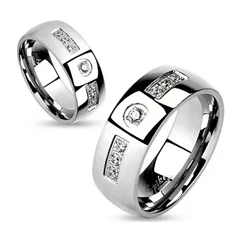 Prsten Prsten z chirurgické oceli, hladký lesklý povrch, čiré zirkony, 6 mm - Velikost: 49