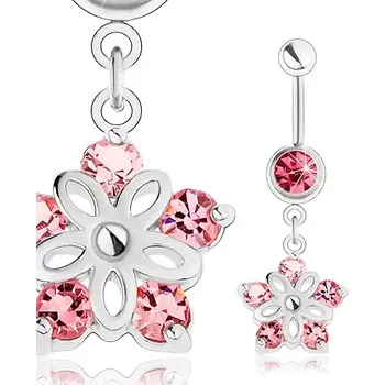 Piercing Ocelový piercing do pupíku, stříbrný odstín, blýskavý kvítek, růžové zirkony