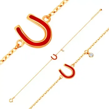 Náramek Zlatý 14K náramek - podkůvka pro štěstí, červená glazura, čirý zirkon