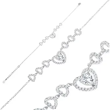 Náramek Stříbrný náramek 925, drobná očka řetízku, blýskavá srdce s čirými zirkony