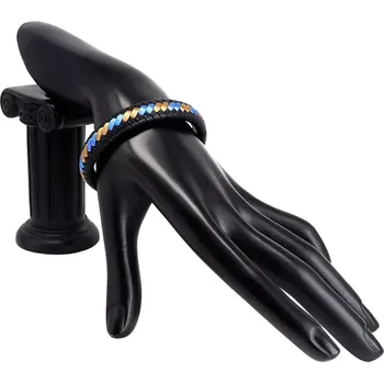 Náramek Černý kožený náramek - zapletené hnědé a modré šňůrky, zásuvné zapínání