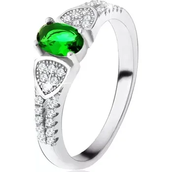 Prsten Prsten s oválným zeleným zirkonem, trojúhelníky, čiré kamínky, stříbro 925 - Velikost: 50