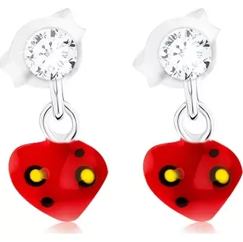 Náušnice Puzetové stříbrné 925 náušnice s červeným puntíkovaným srdíčkem, krystal