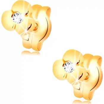Náušnice Zlaté náušnice 585 - lesklý kvítek s čirým briliantem, puzetky