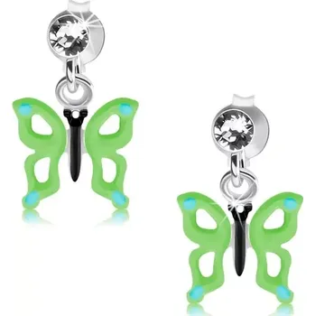 Náušnice Stříbrné náušnice 925, čirý Swarovského krystal, zeleno-modrý motýl