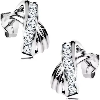 Náušnice Náušnice z bílého 14K zlata - překřížené zahnuté linie, třpytivé čiré zirkony