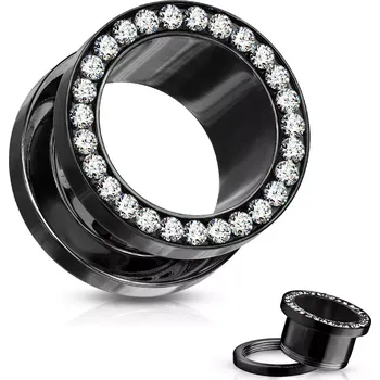 Piercing Ocelový tunel do ucha, čiré zirkony v kruhu, černá barva, PVD - Tloušťka : 12 mm