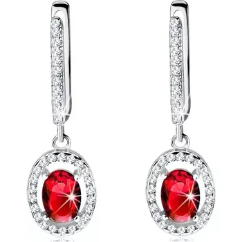 Náušnice Stříbrné náušnice 925, červený oválný zirkon s čirým zářivým lemováním