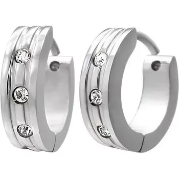 Náušnice Ocelové náušnice - lesklé kroužky stříbrné barvy, tři kulaté zirkony