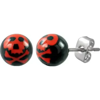 Náušnice Ocelové náušnice, černé kuličky - červená lebka