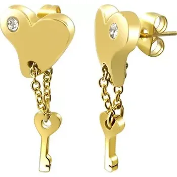 Náušnice Ocelové náušnice - pozlacené srdce s klíčem na řetízku