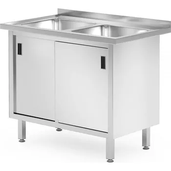 Jídelní stůl Gastrofans Mycí stůl se dvěma dřezy, skříňka s posuvnými dvířky, svařovaný, 1000x600x(H)850mm
