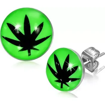 Náušnice Puzetové náušnice z oceli, glazura, černý lístek marihuany, zelené pozadí