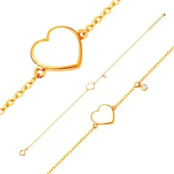 Náramek Zlatý náramek 585 - bílé glazované srdce a čirý zirkonek, tenký řetízek