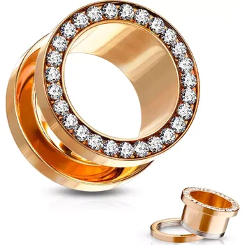 Piercing Tunel do ucha z chirurgické oceli, čiré zirkony v kruhu, měděná barva, PVD - Tloušťka : 4 mm