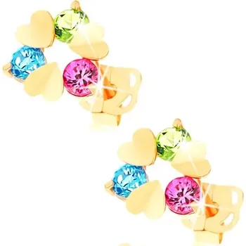 Náušnice Zlaté náušnice 585 - tři plochá srdíčka a kulaté barevné zirkony