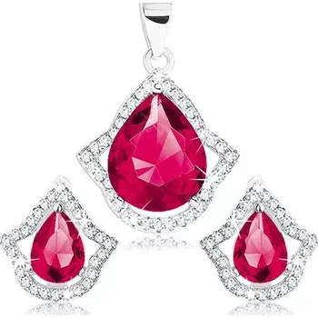 Přívěsek Stříbrný 925 set - přívěsek a náušnice, červenorůžová kapka v čirém obrysu