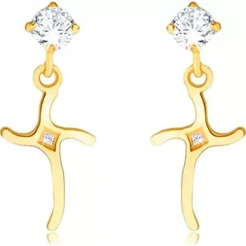 Náušnice Briliantové náušnice ze žlutého 14K zlata - zvlněný kříž ozdobený diamanty