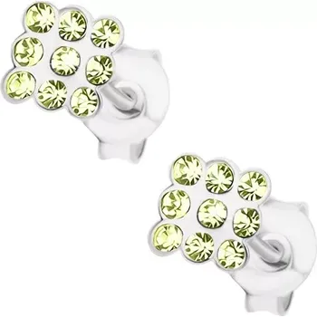 Náušnice Stříbrné náušnice 925, čtverec vykládaný světle zelenými krystalky